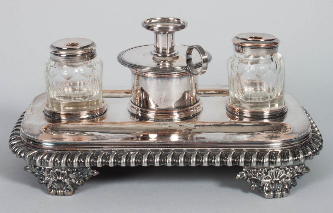 George IV silver-plate on copper standish: 1820's, with cut glass ink pots