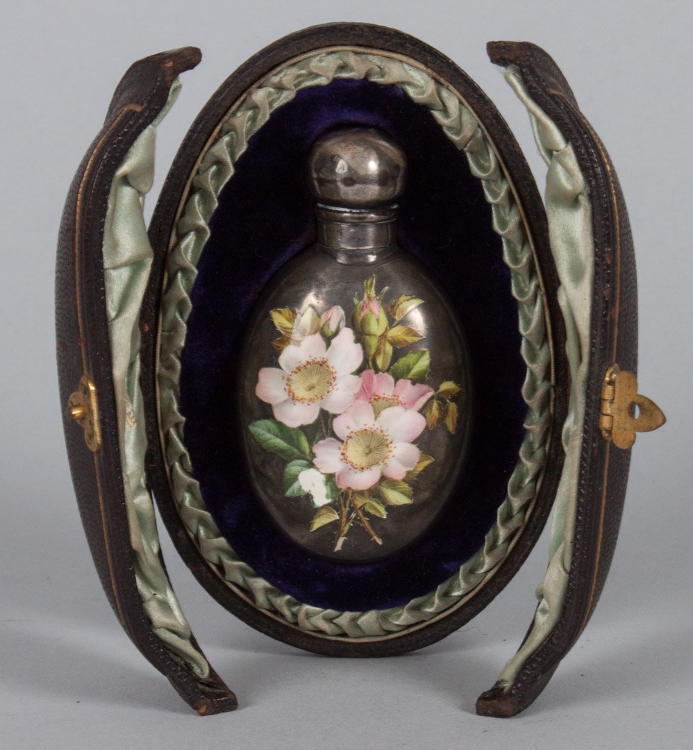 Mappin & Webb enameled sterling perfume bottle: London, 1889-90, 2 3/4 in. H., in fitted leather covered box; 1 gram