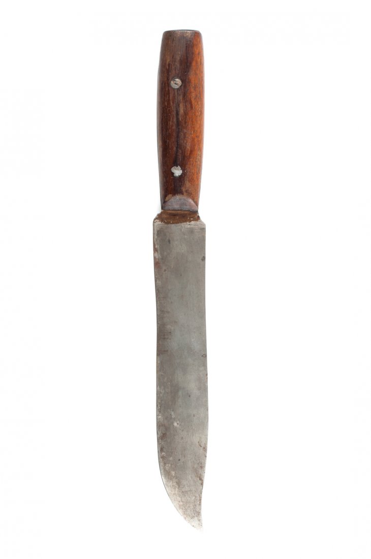 Edged weapon: Bowie style side knife: possibly Confederate use: the blade cut from a thin sheet of flexible carbon steel, 9 1/4 in. L.; walnut handle with two iron pegs; 14 3/8 in. L. overall