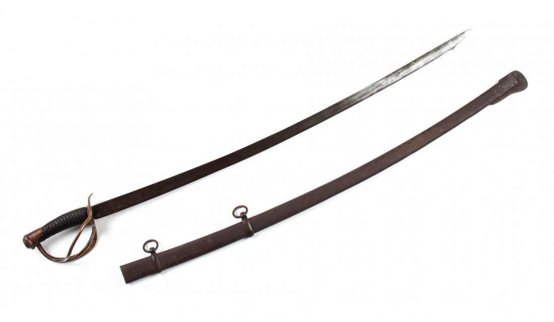 Edged weapon: Confederate light cavalry sabre: and scabbard; the blade 36 in. L.; copper alloy basket hilt; the grip covered in oil cloth and wrapped in iron wire; iron scabbard with copper alloy fittings
