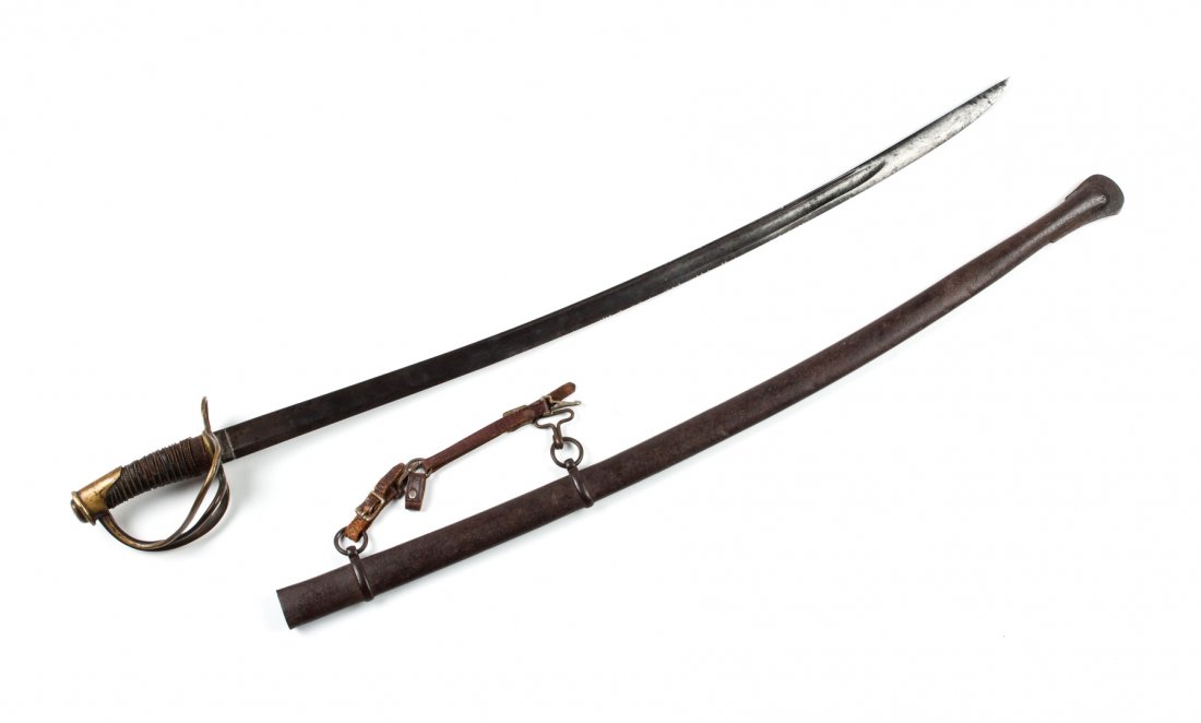 Edged weapon: Confederate cavalry sabre: with iron scabbard; the sword closely modeled after U.S. Model 1840 dragoon sabre; the blade 32 7/8 in. L.; brass hilt; wire-wrapped leather grip; 38 3/8 in. L. overall; iron scabbard without collar, 