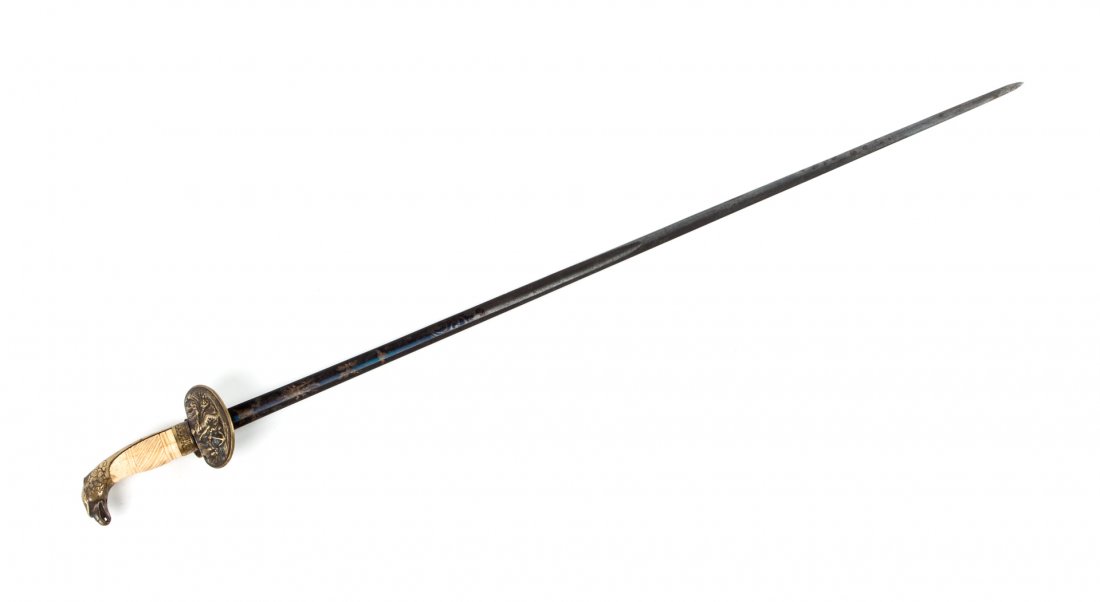 Edged weapon: Naval officer's sword: carried by Purser Samuel H. Forrest, of the Sloop "Fairfield," Mediterranean Squadron, 1843; straight narrow blade, etched, blued, and gilt, 31 1/8 in. L.; brass guard with neoclassical allegory; eagl