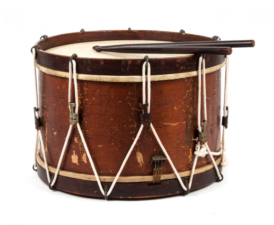 Musical Instrument: Rope tension drum: with label of J.W. Pepper, Philadelphia, Pa.; 17 3/4 in. Diam., 12 1/4 in. H.; together with a pair of turned rosewood drumsticks, 16 1/2 in. L.
