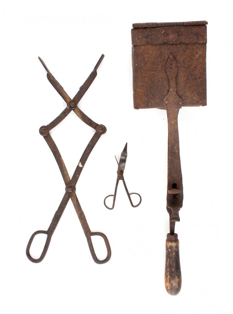 Three items associated with camp life: comprising: a pair of cast iron scissor extension tongs, marked "Pat Applied For," 19 3/4 in. L.; an iron toaster with ebonized wood handle, 21 1/2 X 5 7/8 in.; and a wrought-iron candle snuffer, 5 5/