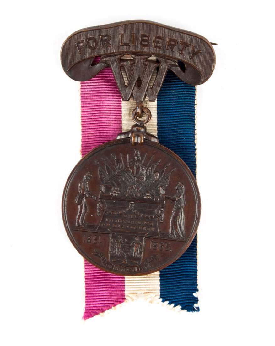 Medal: West Virginia death commemorative: the edge inscribed to "Isaac E. Cokeley, Co. K, 15th Reg. Inf. Vols.," who died about July 1, 1864, in Beverly, WV; bronze medal, 1 1/2 in. Diam., with silk ribbon, 3 in. H. (Accompanied by genealogic