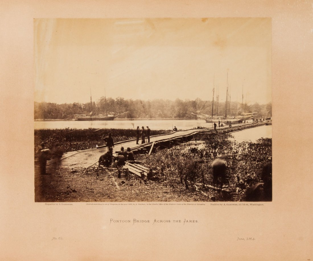 Photograph: Gardner, Pontoon Bridge: "Pontoon bridge across the James, June 1864" plate 69 of the Sketch Book; vintage print 6 3/4 X 8 3/4, mounted on orignal imprinted album leaf, 12 1/2 X 16 3/8 in.; framed