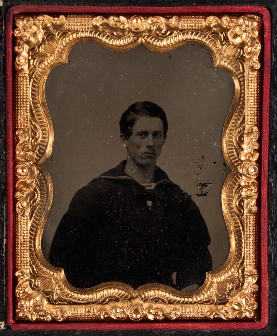 Photograph: Portrait of a Union sailor: ambrotype, 2 1/2 X 2 in, in stamped leather case