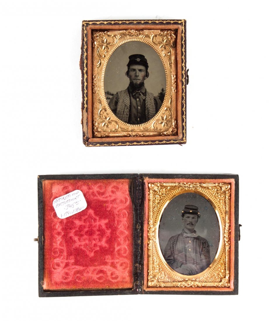 Photographs: Two portraits of Southern soldiers: comprising: one wearing kepi and checked vest, ambrotype, 2 1/2 X 2 in., in partial stamped leather case; the other, blind in left eye, wearing kepi and plaid shirt, ambrotype with gilt highlights, 2 