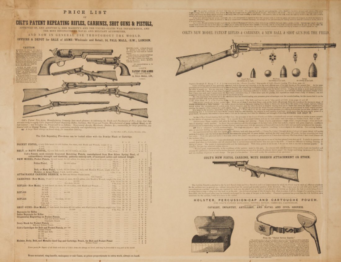 Printed ephemera: Broadside Colt's firearms prices: "Price List of Colt's Patent Repeating Rifles, Carbines, Shot Guns & Pistols;" typeset, with wood engravings, 16 7/8 X 21 7/8 in., framed
