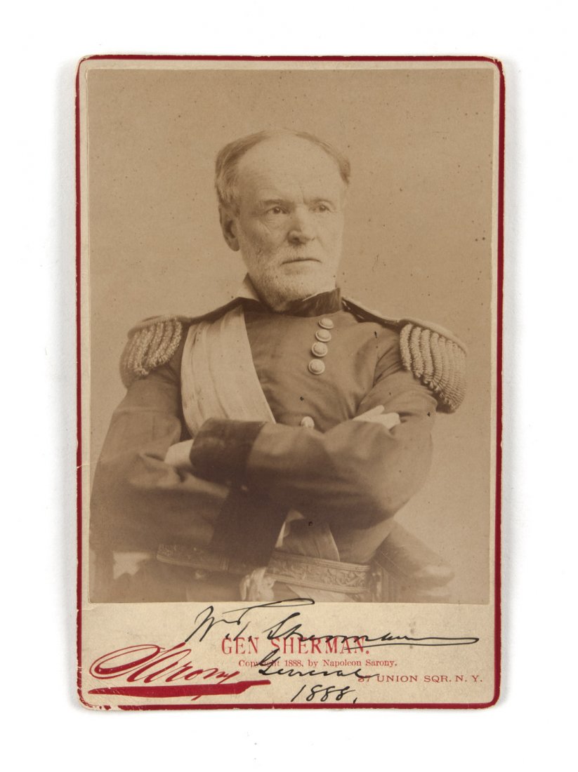 Autograph: Wm. T. Sherman signed photo: original cabinet card portrait of the general by N. Sarony, New York, inscribed "W. T. Sherman General 1888," inscribed on back "Major Nance with compliments of Louise H. Wall Xmas 1912"