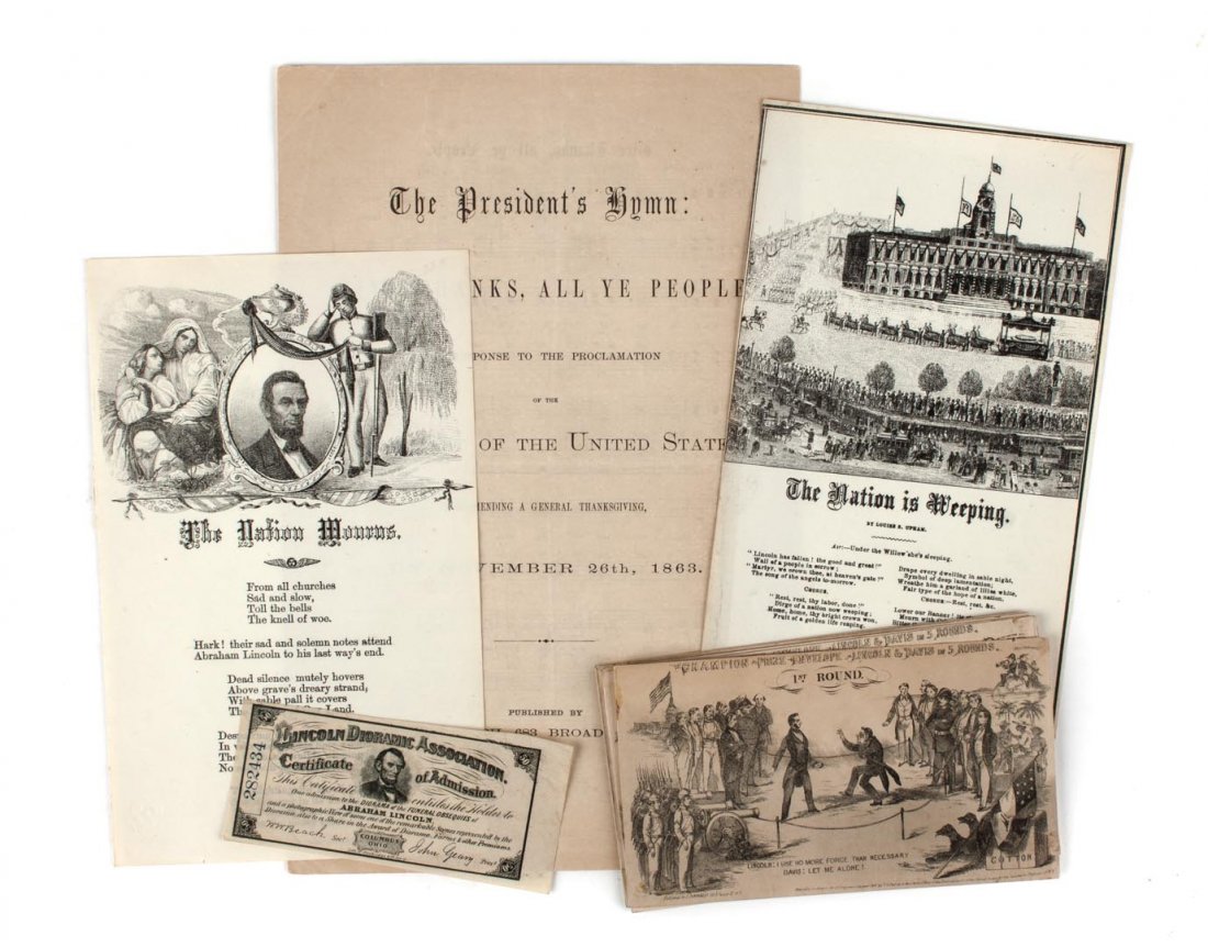 Ephemera: 12 items relating to Lincoln: comprising: set of 5 unused pictorial envelopes, "Lincoln and Davis in Five Rounds," (NY:Tangley, 1861); Ticket to diorama exhibition, "Funeral Obsequies of Abraham Lincoln;" two mourning songsheets (
