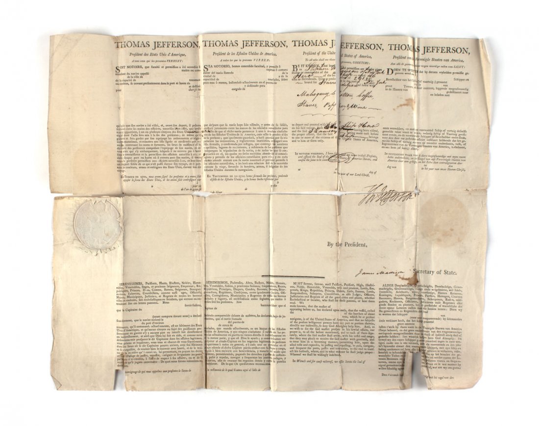 Document: Ship's papers, sgd. Jefferson & Madison: Partly completed part-printed certification that the ship "Hero," Capt. Rawson, sailing from the port of New York in 1802, bound for Havre de Grace, Maryland, with a cargo of mahogany, staves, cotton,