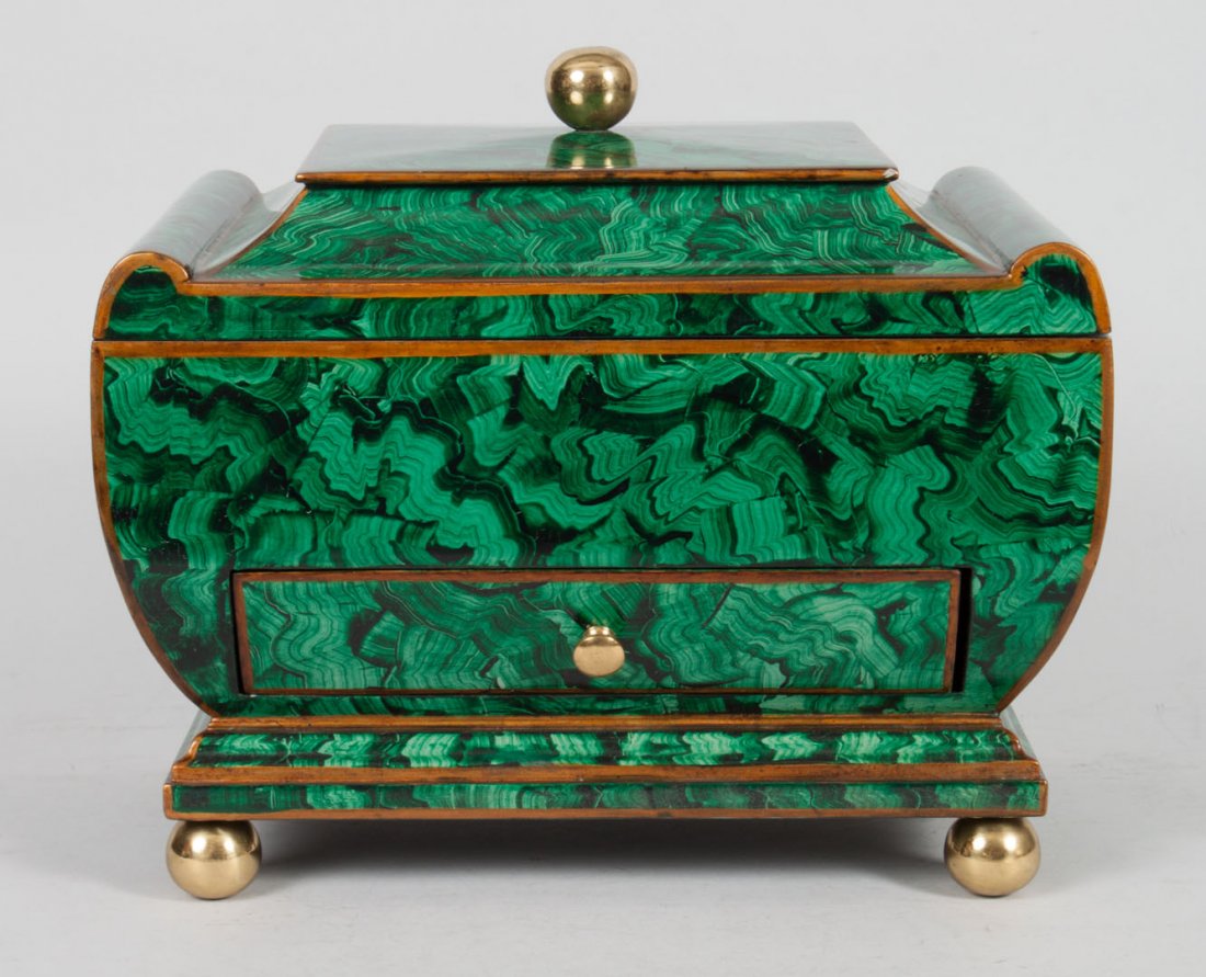 Contemporary malachite painted wood jewelry box: with hinged lid and single drawer, wood painted to simulate malachite, 9 in. H., 12 in. W.
