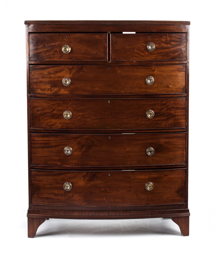 George IV mahogany semi-tall chest: bow-front chest with two short drawer over four drawer arrangement, 51 in. H., 38 in. W., 19 in. D.