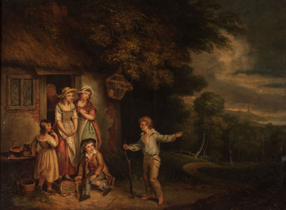 Francis Wheatley. Country Scene, oil on canvas: (English, 1747-1801). Country Scene with Figures, signed "F. Wheatley" lr, 18 x 24 in., framed