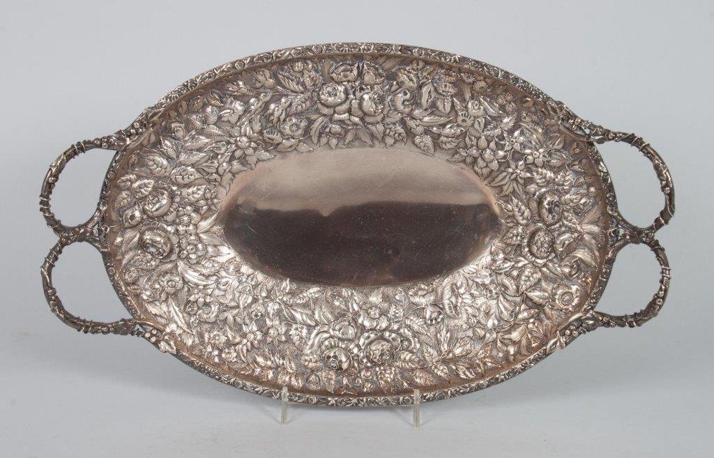 American sterling silver double-handle tray: Peter L. Krider Co., Philadelphia, PA, retailed by J.E. Caldwell & Co., 9 in. H. x 14 1/2 in. W. over handles, 25.14 ozt.