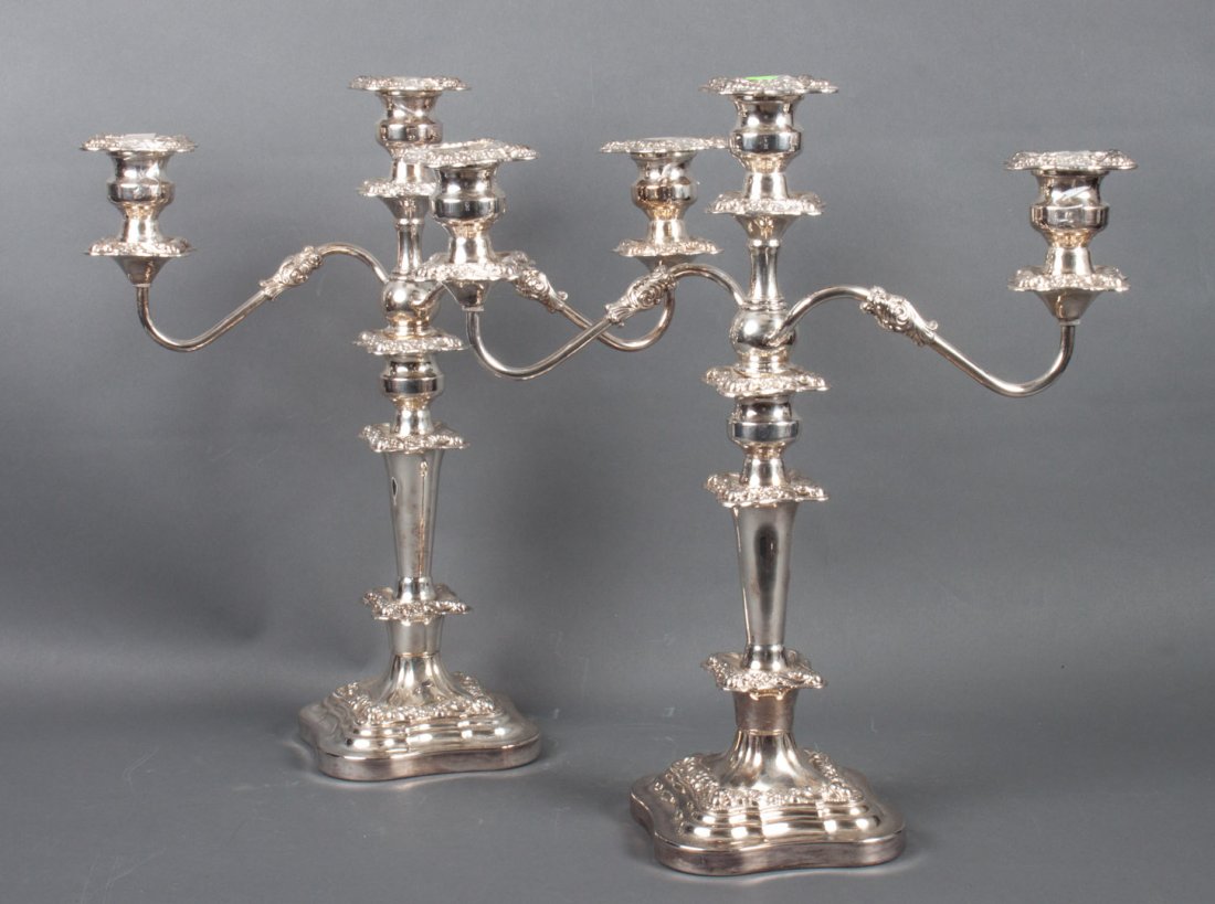Pair of Sheffield silver-plated candelabra: three branches, silver-plate on copper, 18 in. H.