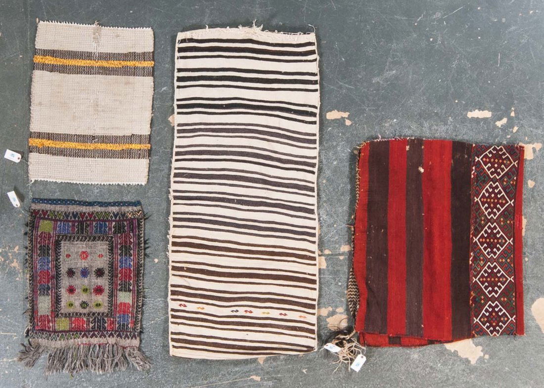 Four Semi-antique Turkish rugs: Turkey, circa 1940, Soumak bag approx. 2.8 x 3.5, Kelim bag approx. 2.4 x 5.3, Jijime rug approx. 1.10 x 2.3 ad Rag rug approx. 1.11 x2.7