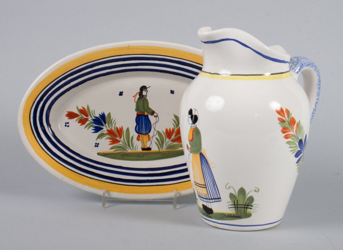 Henriot Quimper faience jug and small platter: 8 1/2 in. H. of tallest