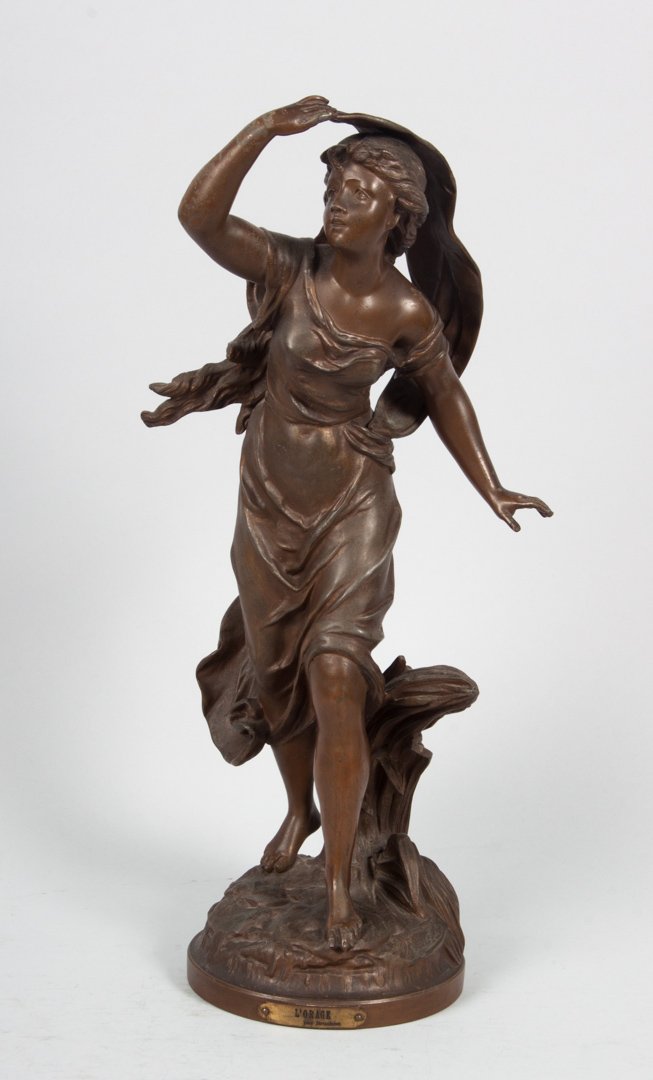 Bruchon "L'Orage" spelter figure: Emile Bruchon (French, 19th/20th c.). Patinated spelter figure of maiden, signed in cast "Bruchon" with brass title plate, 17 in. H.