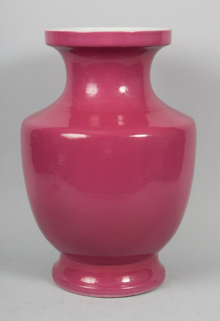 Chinese monochrome porcelain vase: puce color with character mark underneath, 17 in. H.