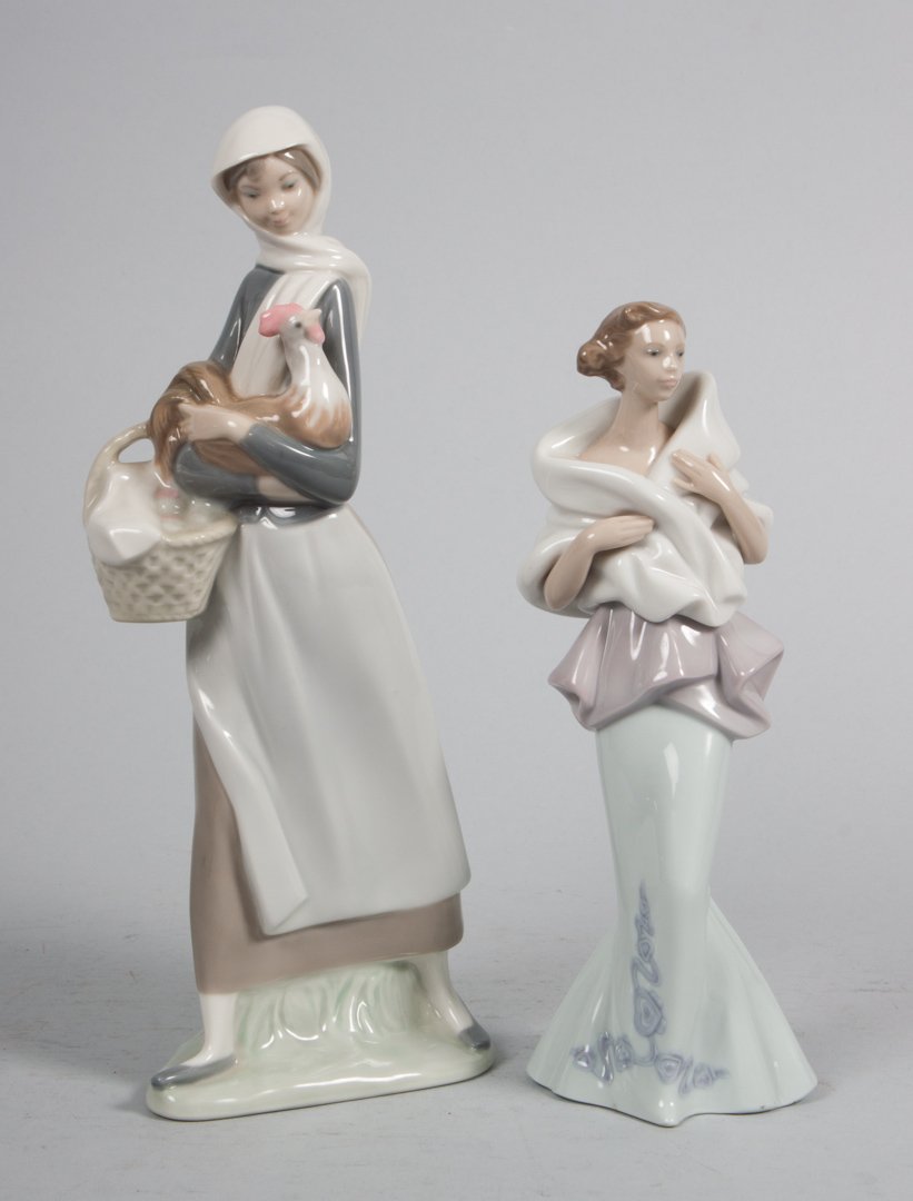 Two Lladro porcelain figures: "A Night Out," 8 in. H., and girl with hen and egg basket, 10 in. H.