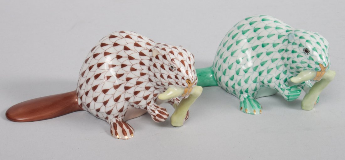 Two Herend porcelain beavers: in the "Green and Chocolate Fishnet" pattern, both approx 4 in. L.