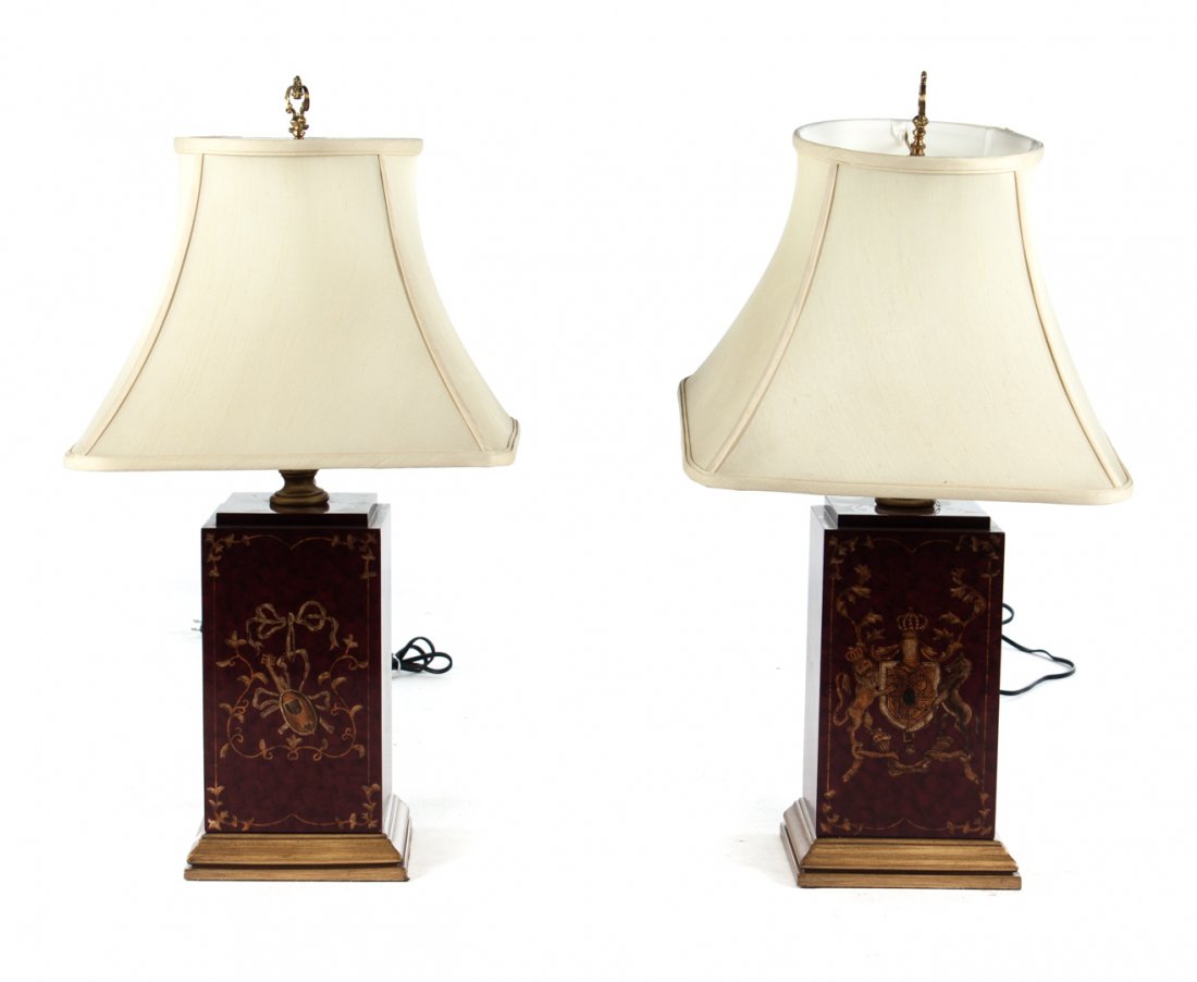 Pr of Georgian style painted wood tea caddy lamps: burlwood with gilt painted heraldic armorial and lute with ribbon decoration, with shades, 29 in. H.
