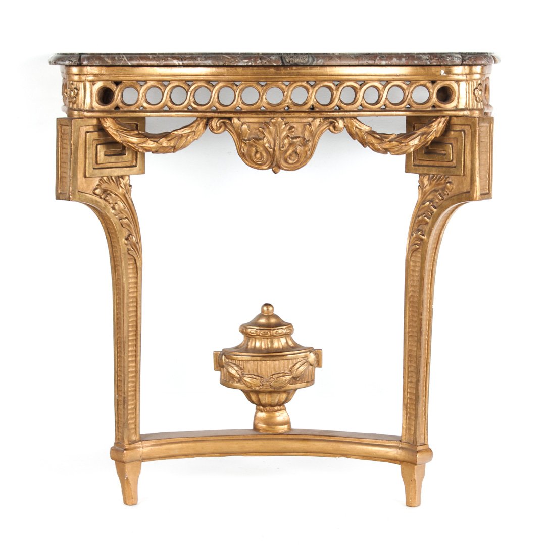 Louis XIV style carved giltwood console: Shaped brown and grey variegated marble top; 3 1/2" open worked apron with drop garlands, straight tapered legs connected by stretchers. 33"H. x 33 1/2" W. x 18 1/2 D.