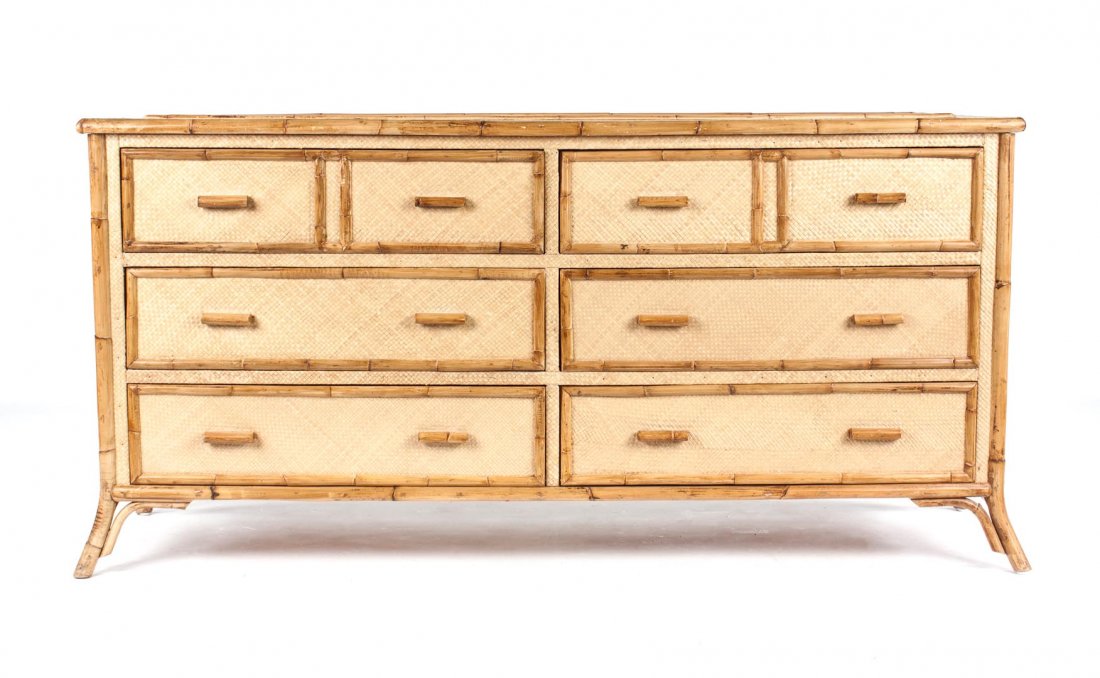 Contemporary wicker and rattan double chest: woven wicker and surface with split bamboo fillets, 33 1/2 in. H., 66 in. W., 20 1/2 in. D.