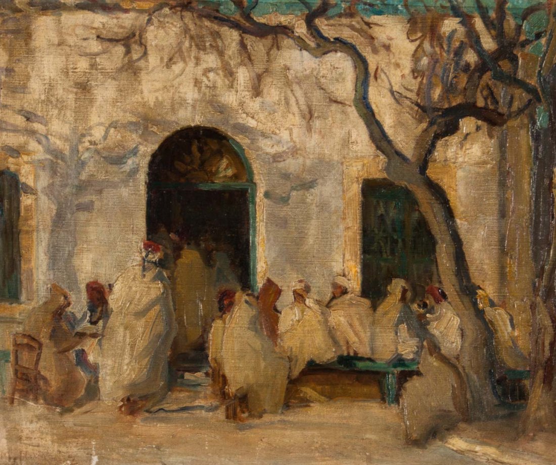 M. A. Nivoulies de Pierrefort. Tunisian Village: Marie-Anne Nivoulies de Pierrefort (French, 1879-1968). "Tunisian Village Scene," oil on canvas, signed faintly "M. Nivoules" ll, 18 x 21 1/2 in., framed