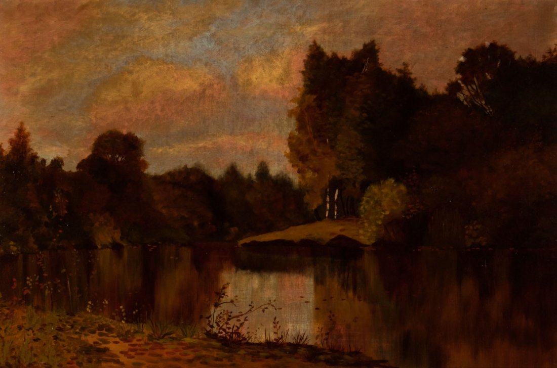 American School, 19th c. Landscape, oil on canvas: Landscape with Lake and Birch Trees, oil on canvas, 24 x 36 in., framed