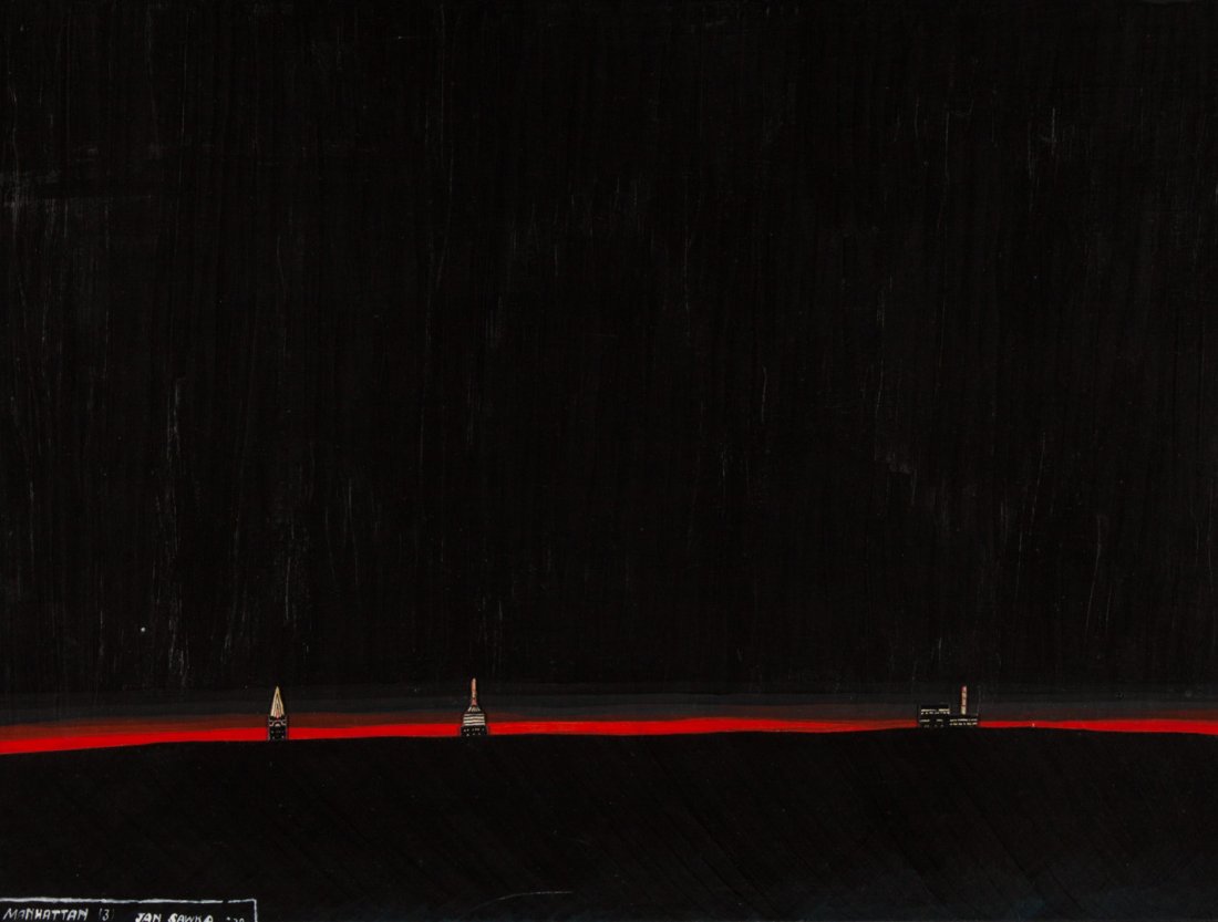 Jan Sawka, "Manhattan 3", mixed media on board: (Polish/American, 1946-2012). Oil on board with cardboardcCutouts, titled, signed, and dated "Manhattan 3, Jan Sawka, '79" ll, 17 1/4 x 24 in., framed