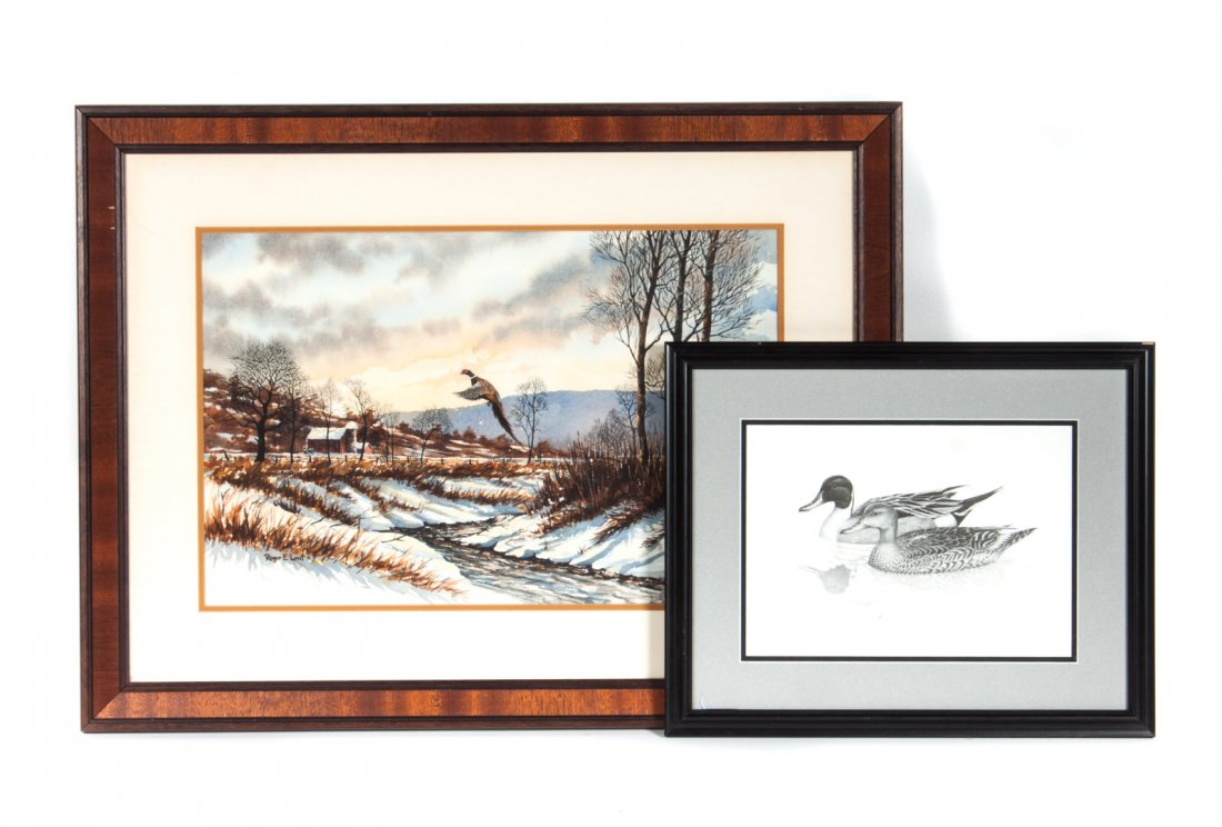 Roger Lent. Ornithological watercolor and litho.: Roger E. Lent (American, b.1940) 1.) "Pheasant Flying Over a Winter Landscape", watercolor on paper, signed "Roger E. Lent" ll, sight size: 13 3/4 x 21 1/2 in., framed. 2.) "Swimming Mallards", lithog