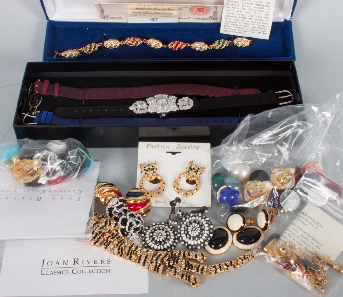 Group of costume jewelry: including Joan Rivers earrings, a Jackie Kennedy reproduction bracelet, and others