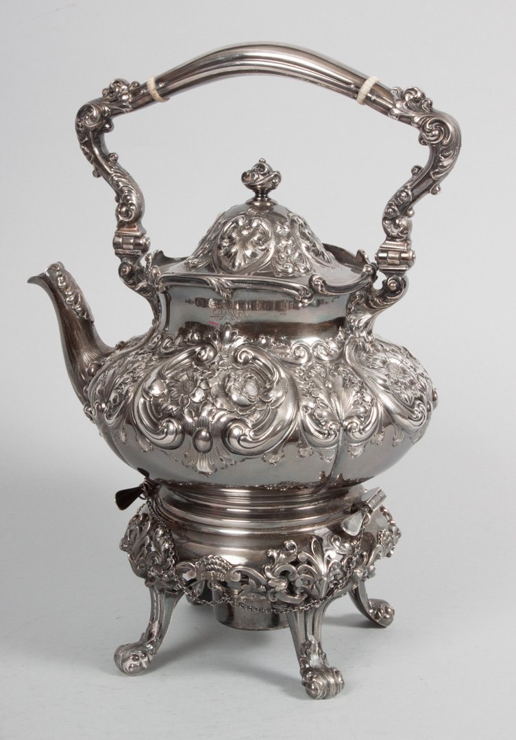 American repousse sterling hot water kettle/stand: Dominick & Haff, dated 1890, 13 in. H. over handle, 65.70 ozt.