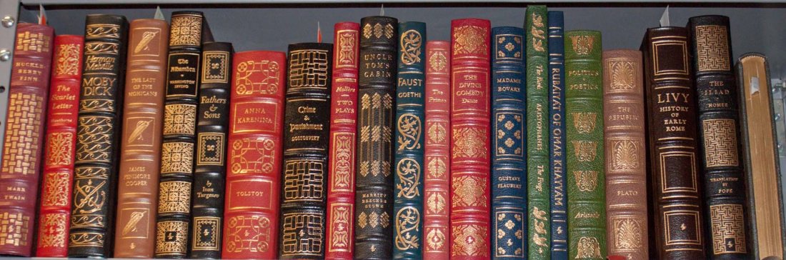 [Literature, Classics] Twenty-one Easton Press: titles, all bound in full leather, gilt; including American and Russian titles (Moby Dick, Huckleberry Finn, and Brothers Karamazov) and various classical(Aristotle, Plato, Livy)