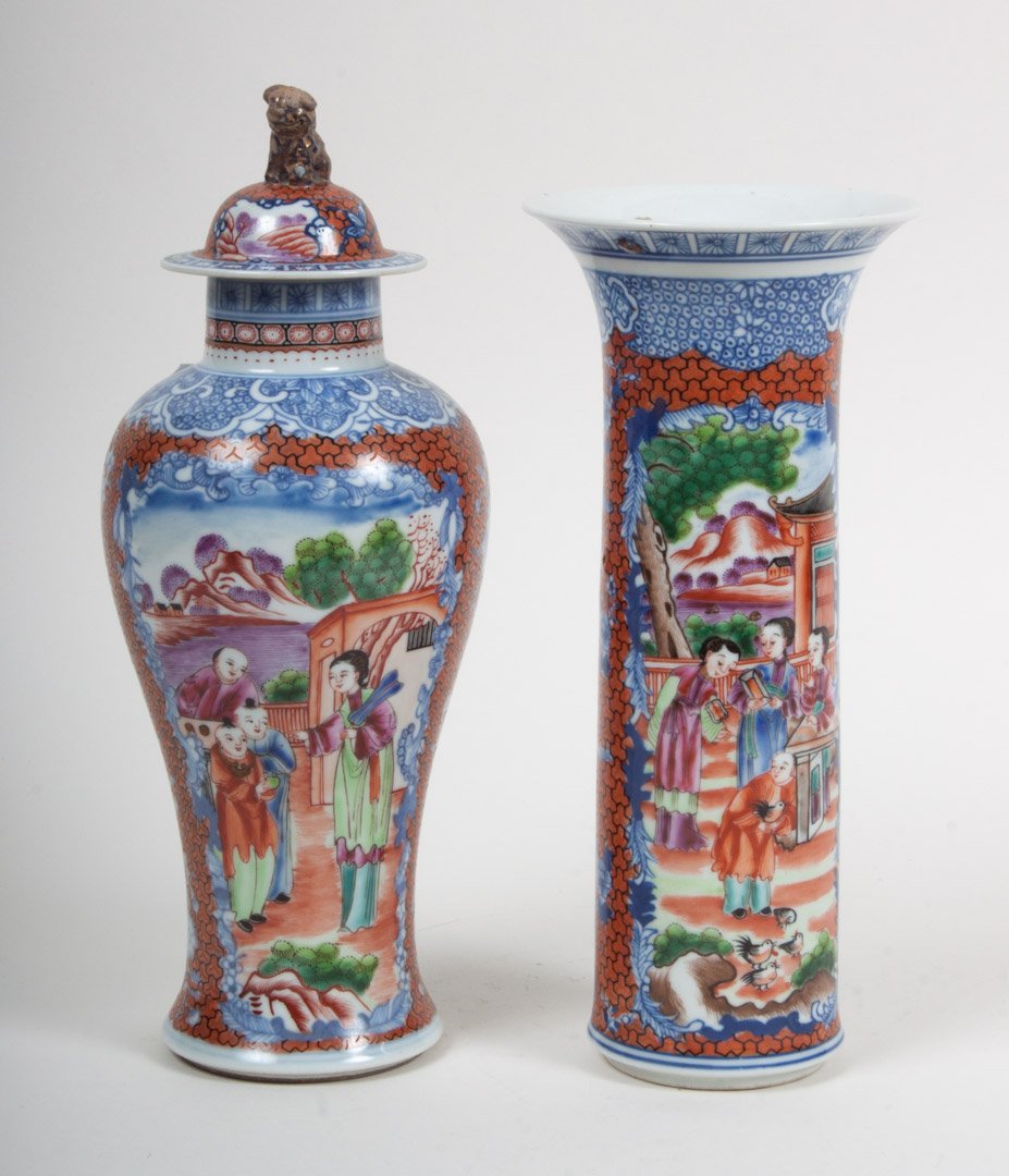 Two contemporary mandarin palette vases: Chinese Export porcelain garniture vases, covered jar and trumpet, 8 and 9 in. H.