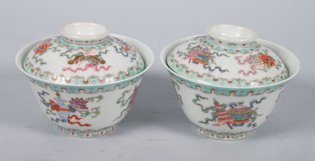 Pair of Chinese porcelain covered bowls: sacred object decoration and character marks, 3 1/2 in. H., 4 1/2 in. Diam.