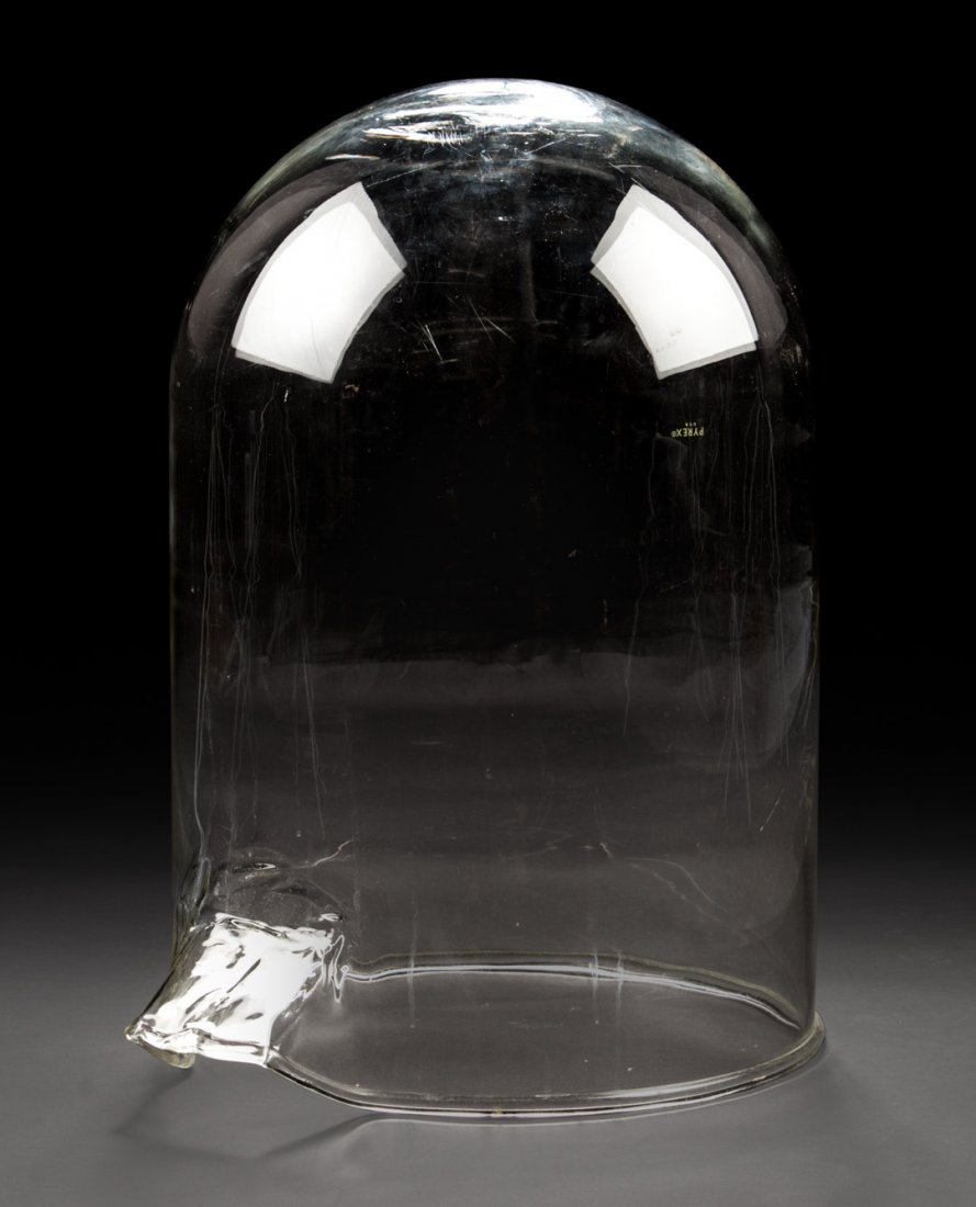 American glass laboratory vessel: large glass vessel with spout, Pyrex mark, 26 in. H., 21 in. Diam.