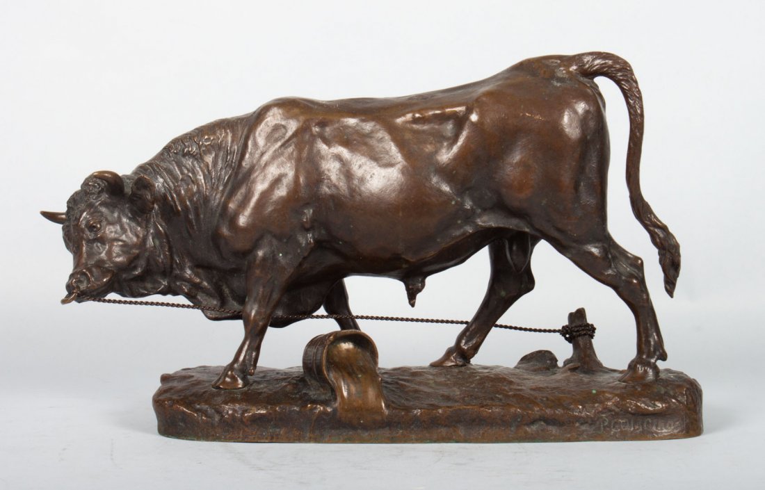 Comolera. Angry Bull, bronze: Paul Comolera (French, 1818-1897). Angry bull, bronze, brown patina, modeled as bull tethered to stump, signed in cast "P. Comolera," 9 in. H., 14 in. W.