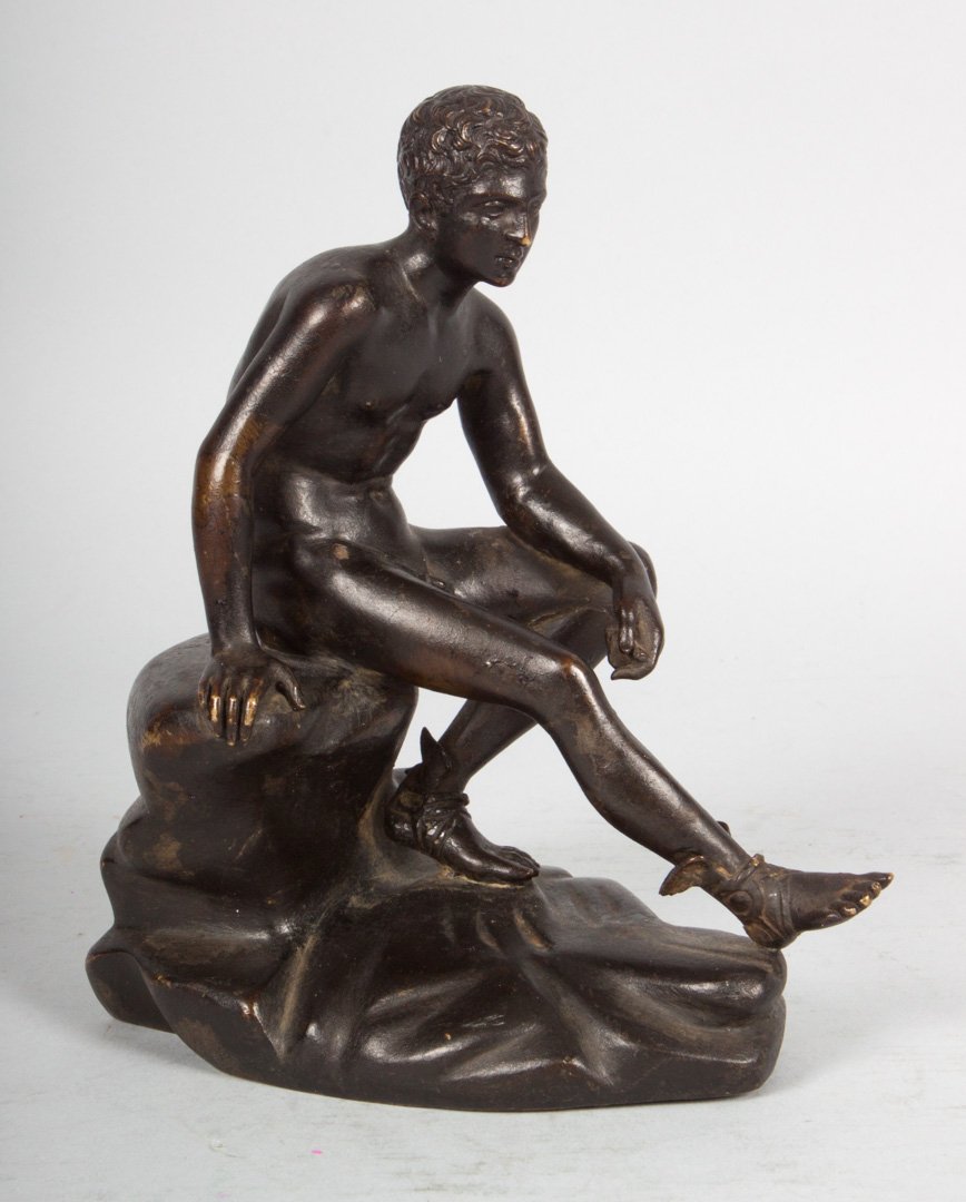 Grande Tour Mercury bronze: late 19th century; patinated bronze figure of seated male nude with winged sandals, 6 1/2 in. H.