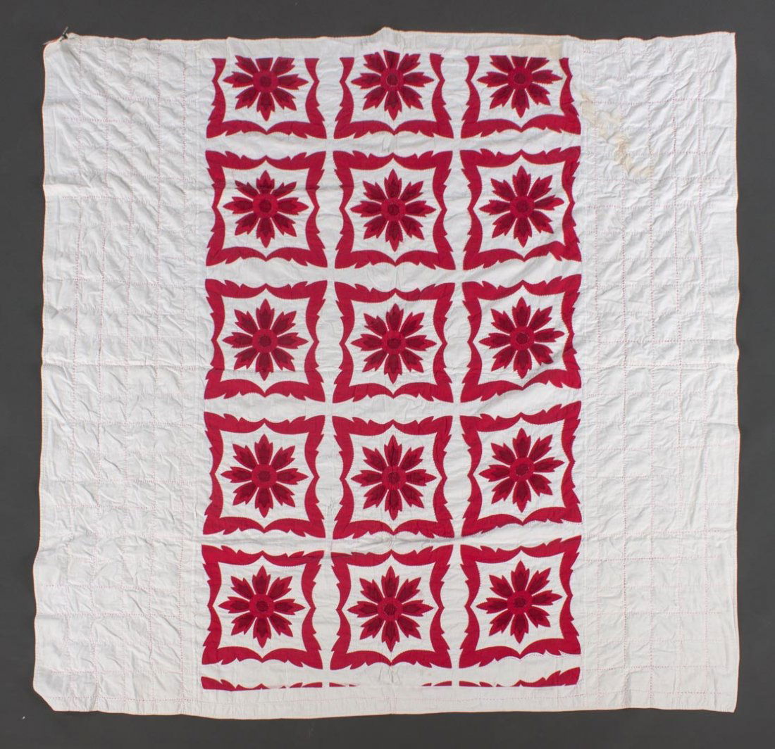 Flour sack patchwork quilt: circa 1920's; with red daisy pattern, made from discarded flower sacks, verso with inspection stamp marks, approx. 66 x 75 in.