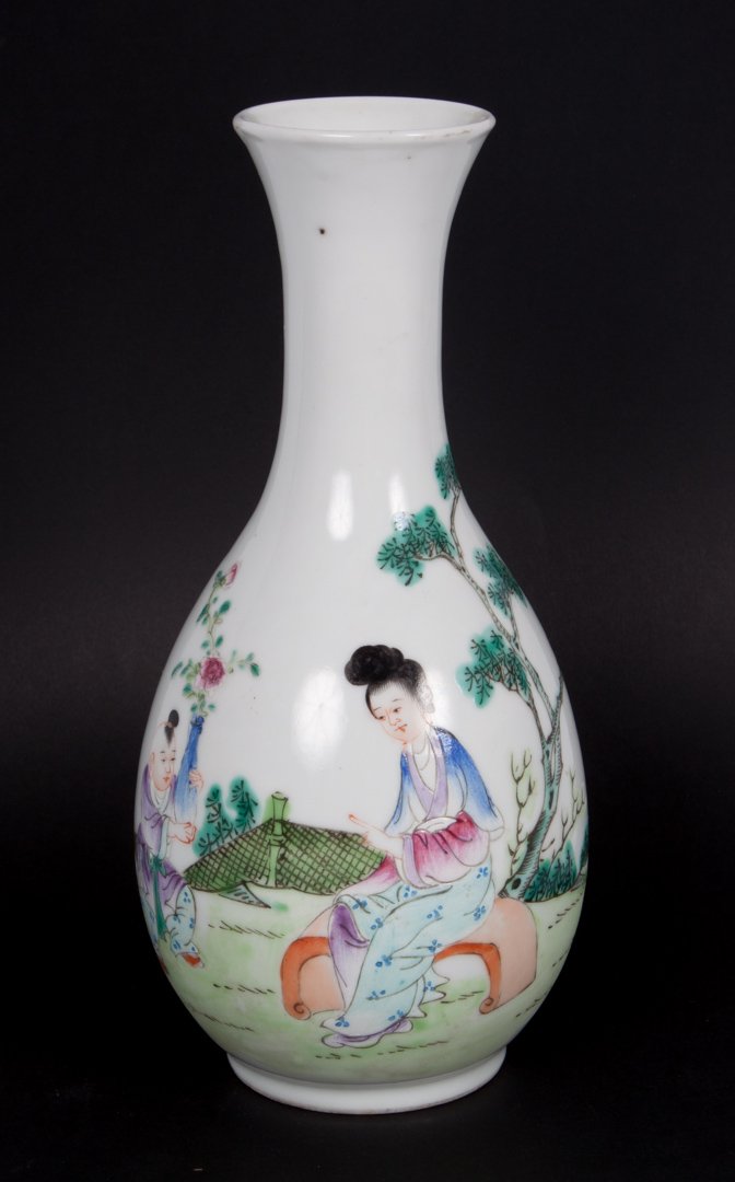 Chinese Famille Rose porcelain vase: possibly Republic period, figures in garden with red four character mark, 8 1/2 in. H.