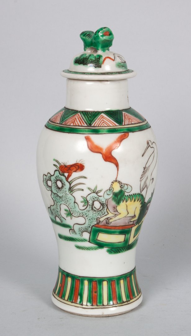 Chinese Export Famille Verte porcelain jar: first quarter-20th century; with stork and sacred object decoration, 8 in. H.
