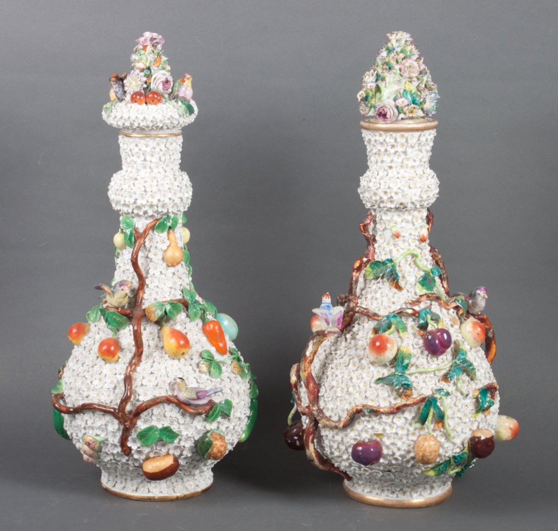 Two Dresden Schneeballens: bottle-form vases with floral, bird, and fruit applied decoration, with pseudo Meissen style marks, 18 in. H.