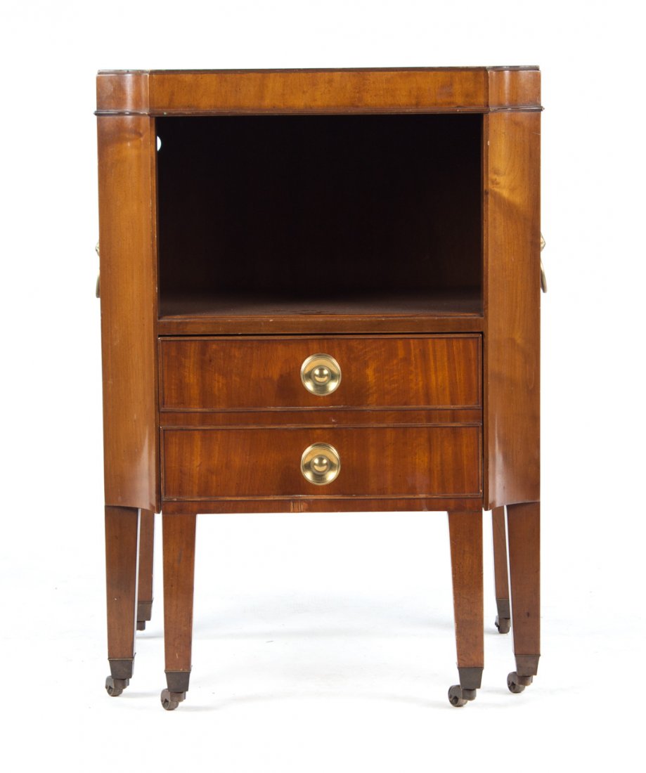 Kittinger satinwood commode side table: flat top with open compartment beneath, potty drawer with leather inset top, 29 in. x 20 in. x 16 1/2 in.