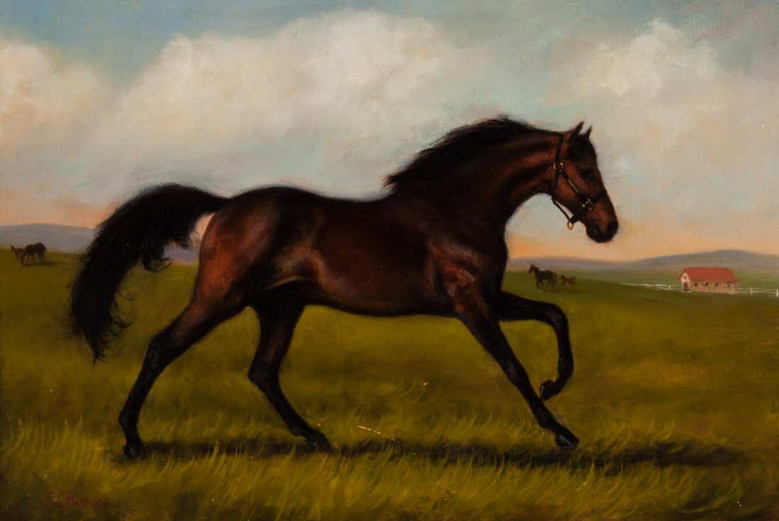 Christine Merrill. Horse Running, oil on masonite: Christine Herman Merrill (American, 20th/21st century). Signed "C.S. Herman" ll, 12 3/4 x 19 in., framed