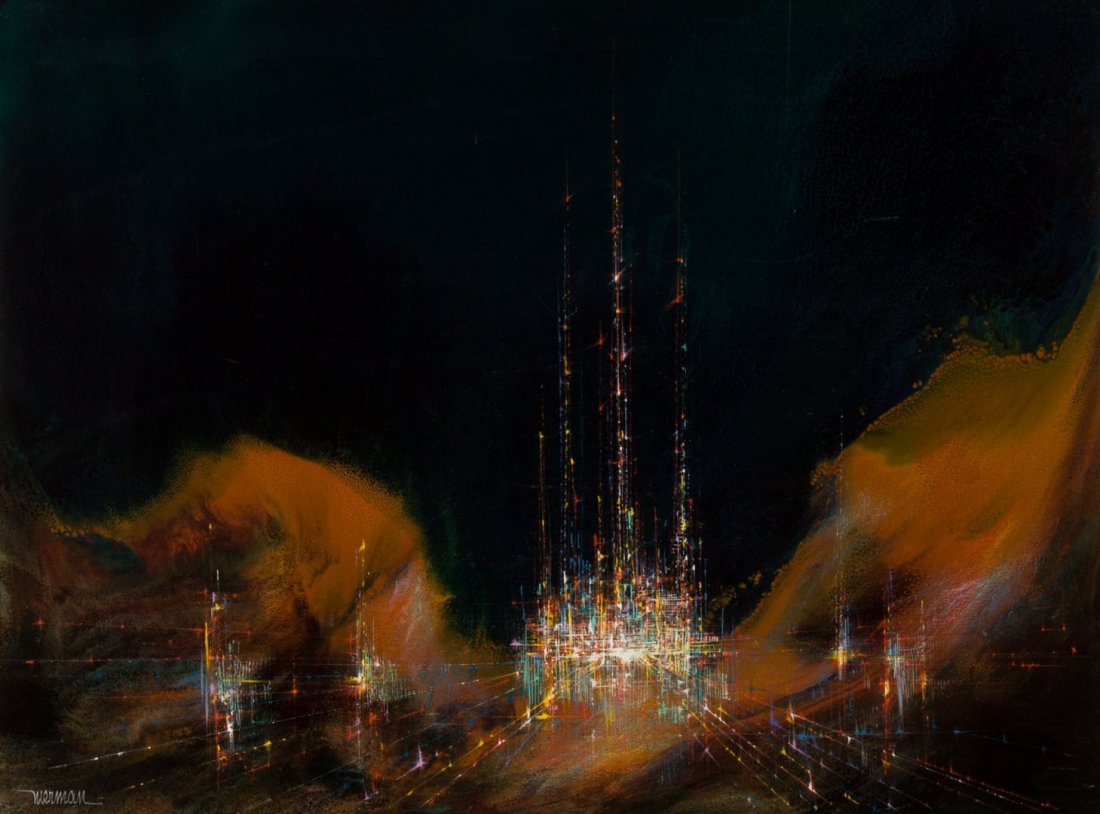 Leonardo Nierman. "Ciudad," acrylic on masonite: Leonardo Nierman (Mexican, b.1932). "Ciudad (City LIghts)" acrylic on masonite, signed "Nierman" ll, 24 x 23 in., framed