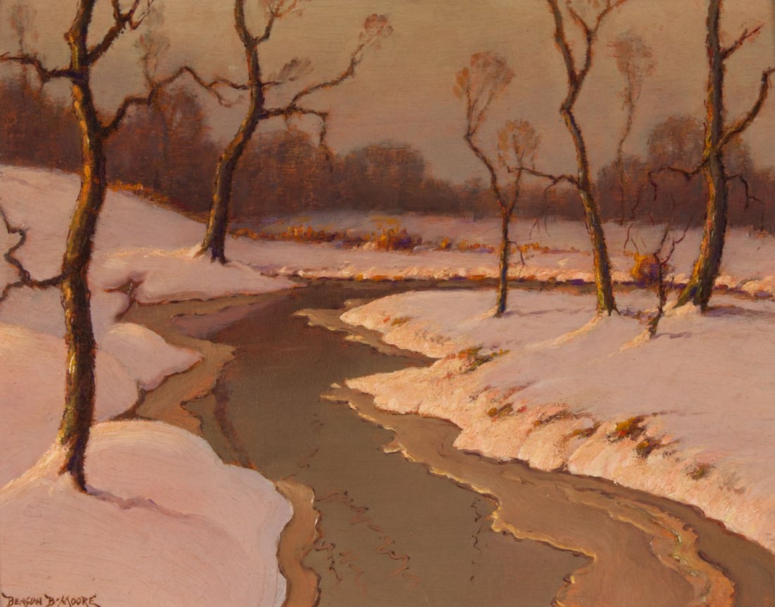 Benson Moore. Winter Landscape, oil on board: Benson Bond Moore (American, 1882-1974) "Winter Landscape," signed "Benson B. Moore" ll, 10 x 13 in., framed.
